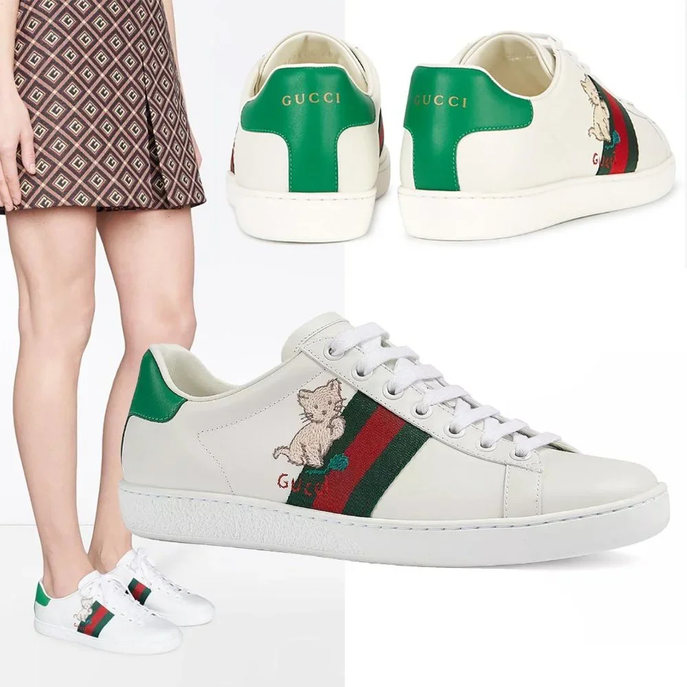 GUCCI SNEAKERS NEW ACE KITTEN WHITE LEATHER SHOES w WEB sz 41 11